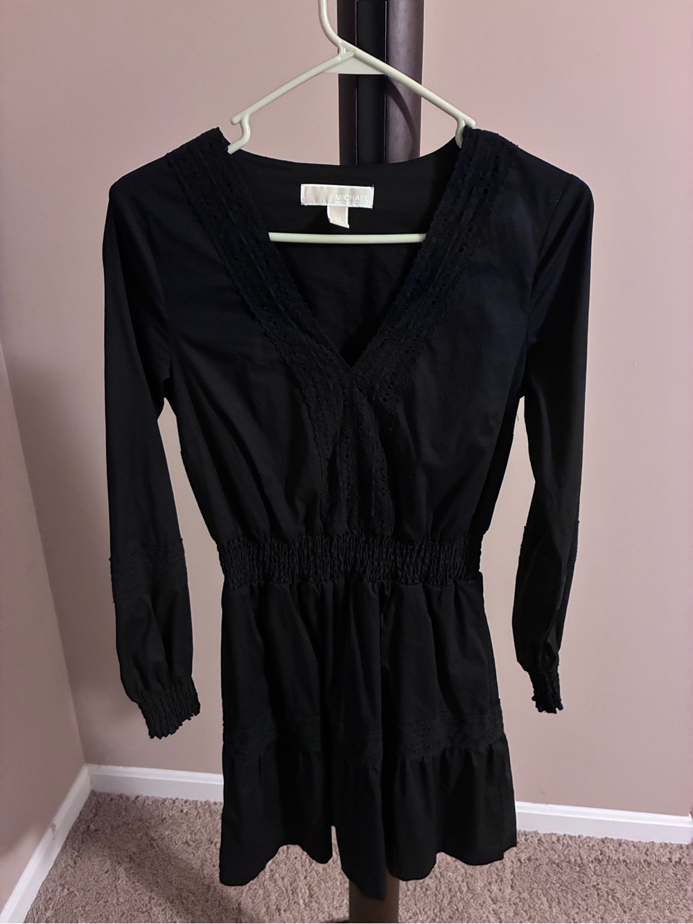 Michael Kors Black Long-Sleeve V-Neck Smocked Waist Dress